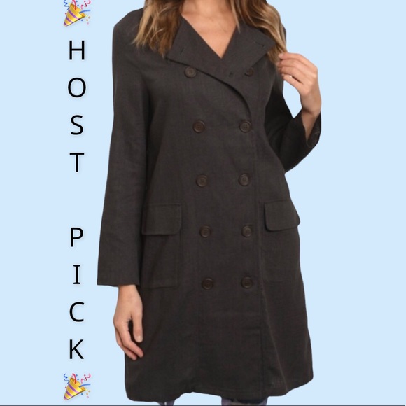 Jackets & Blazers - Charcoal Black Button Down Trench Jacket